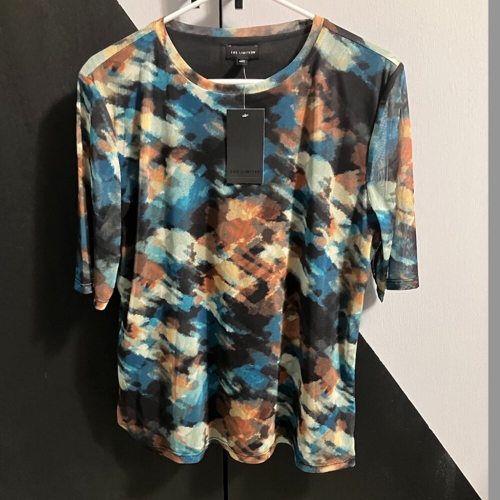 The Limited Abstract Watercolor Print Blouse in Blue, Brown, Black